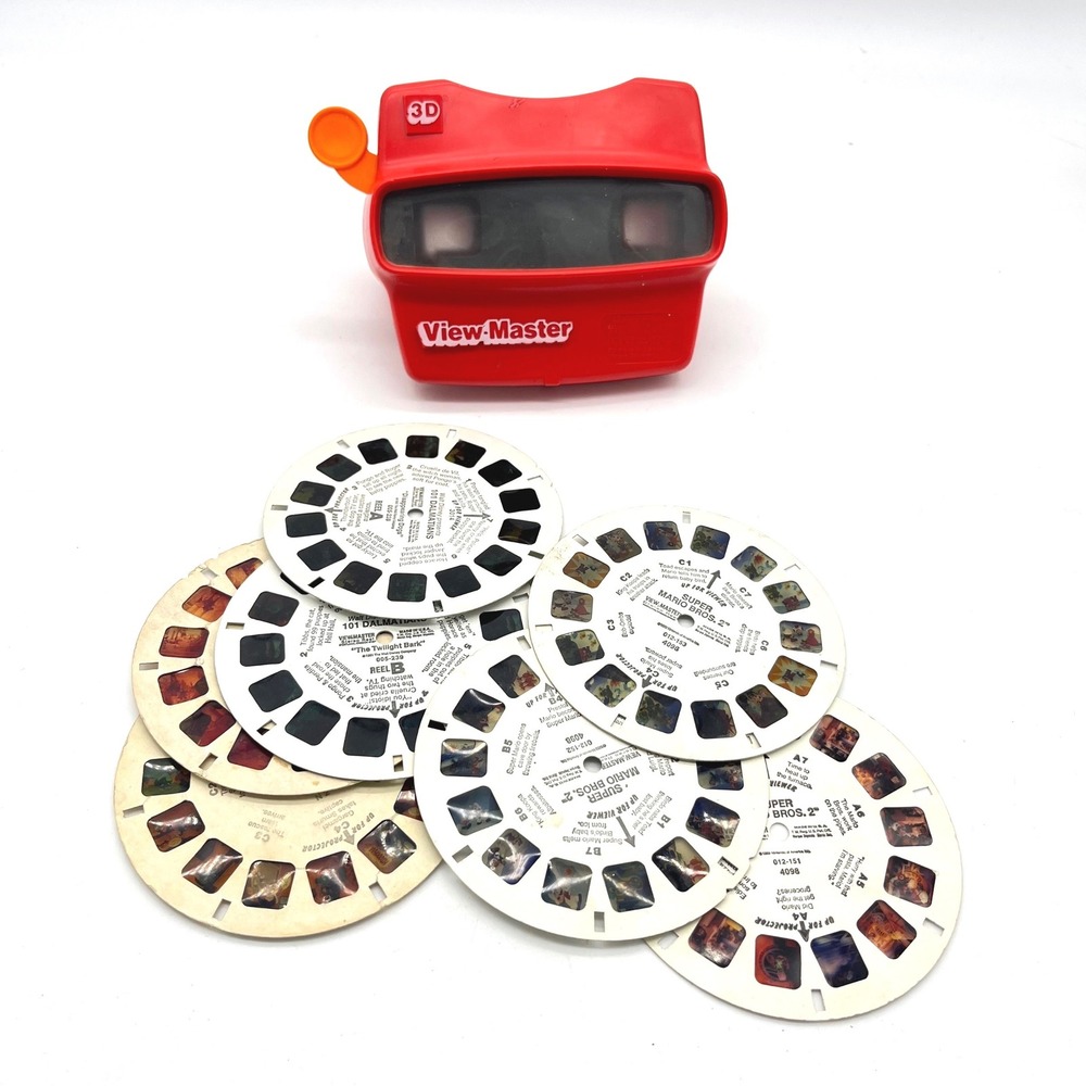 Vintage Red View-Master 3D Viewer with Super Mario Bros 2 Disney Smurfs Reels